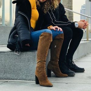 Zara Camel Brown Suede Knee-High Boots